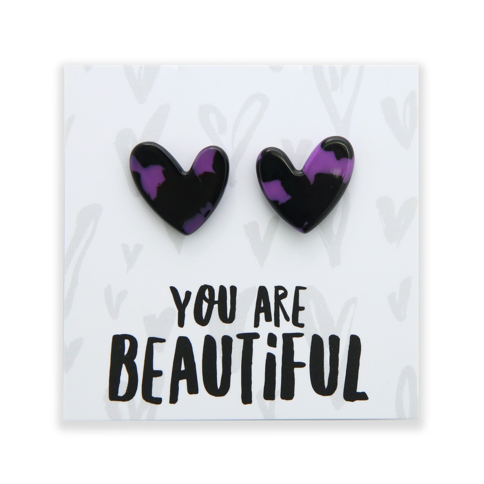 You Are Beautiful - Resin Heart Studs - Purple Patch (12762)