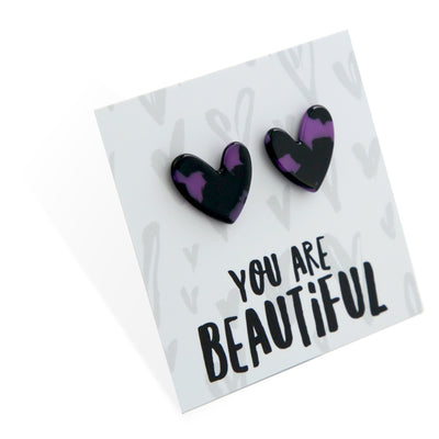 You Are Beautiful - Resin Heart Studs - Purple Patch (12762)