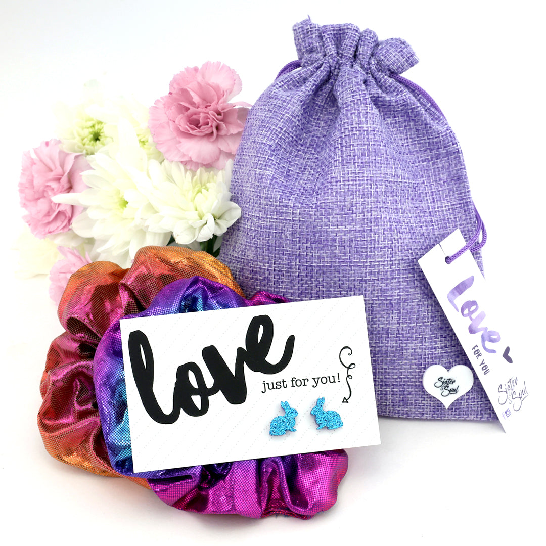 Purple Sparkle Scrunchie Easter Gift Bundle with Blue Glitter Bunny Earrings (S15)