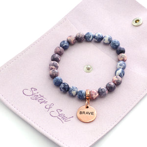 Stone Bracelet - Purple & Storm Patch Agate Stone 8mm Beads - with Rose Gold Word Charms