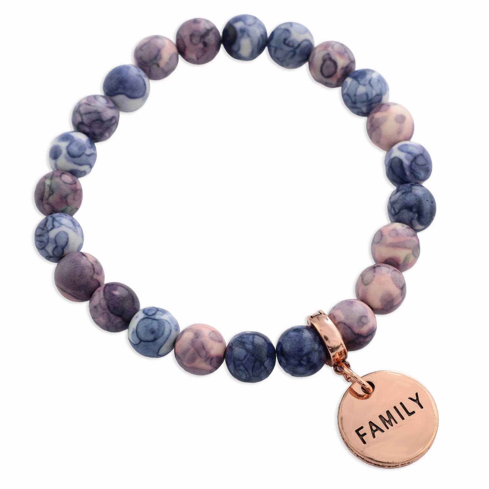 Two bracelets with purple and storm patch agate stone beads and rose gold word charms, one with 'INSPIRE' and the other with 'WARRIOR'.