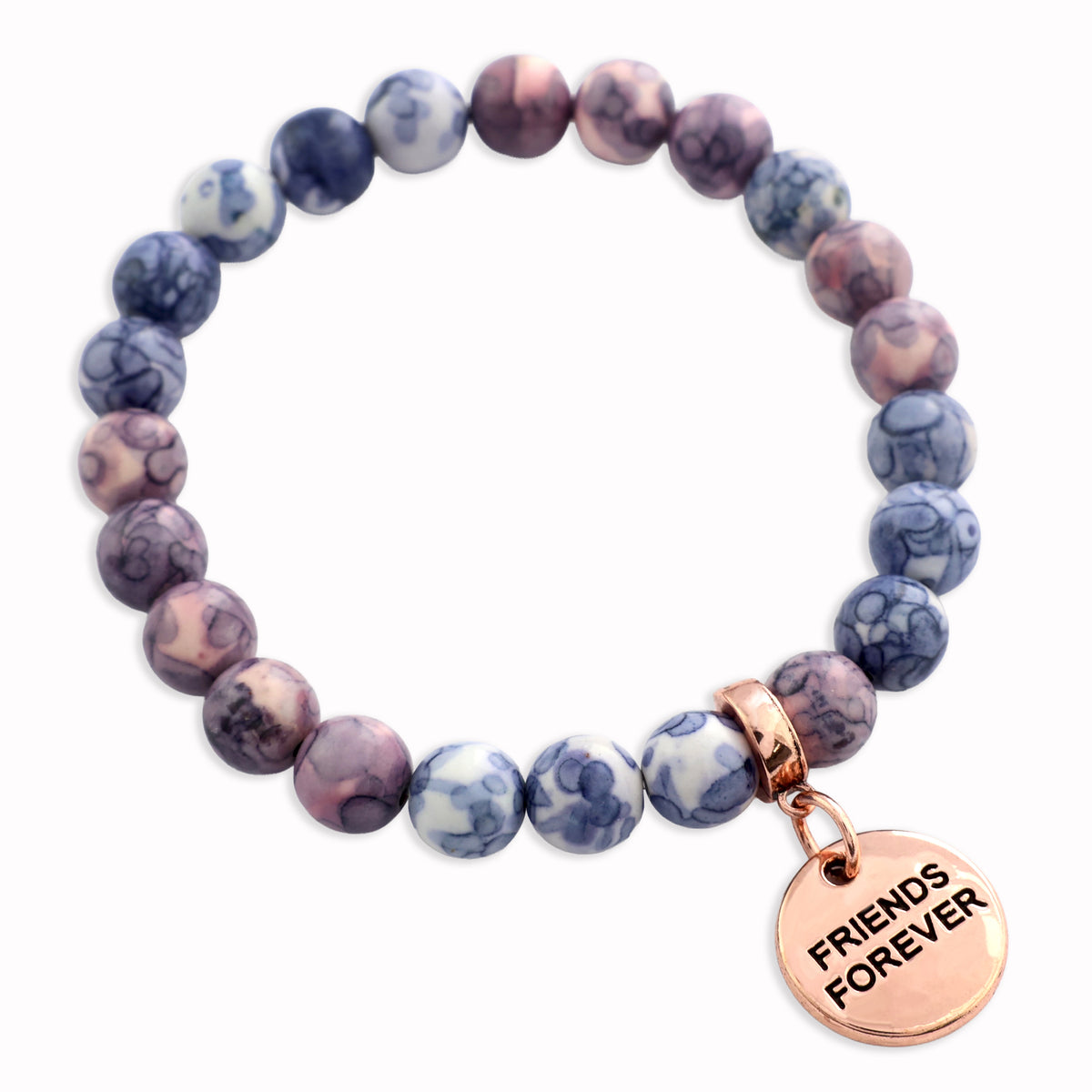 Beaded bracelet with 'Friends Forever' charm on a white background