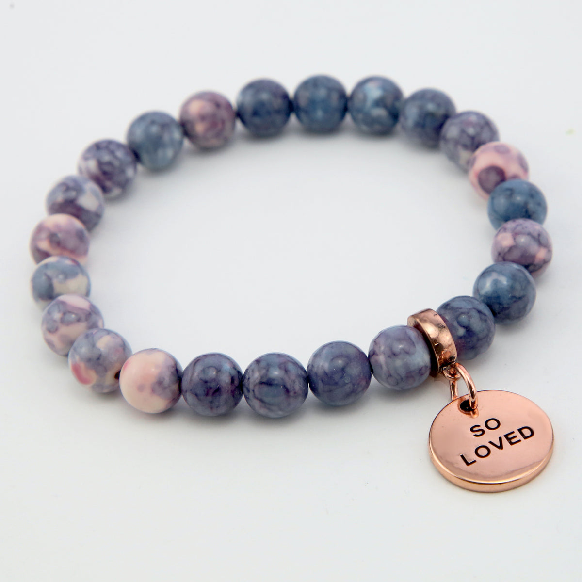 Stone Bracelet - Purple & Storm Patch Agate Stone 8mm Beads - with Rose Gold Word Charms
