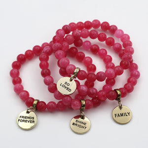 Stone Bracelet - Raspberry Agate 8mm Beads - With Gold Charms