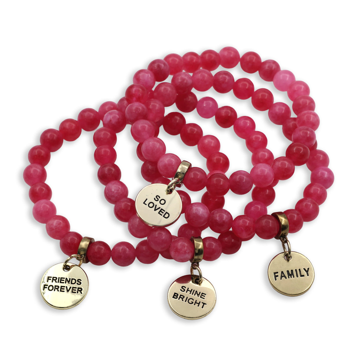 Stone Bracelet - Raspberry Agate 8mm Beads - With Gold Charms