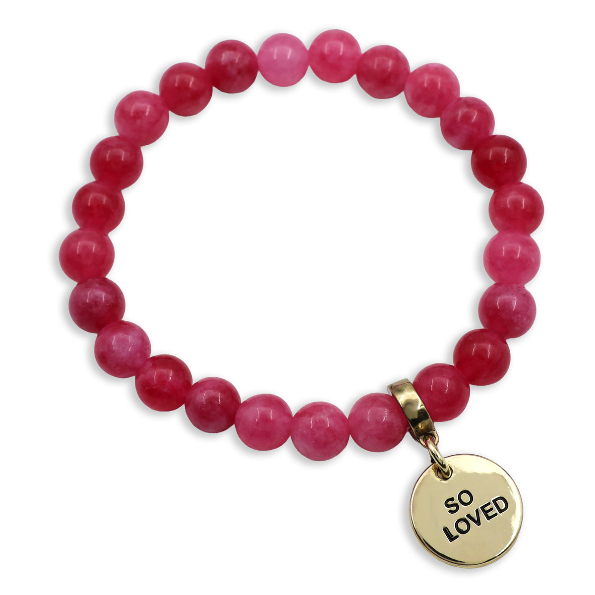 Stone Bracelet - Raspberry Agate 8mm Beads - With Gold Charms