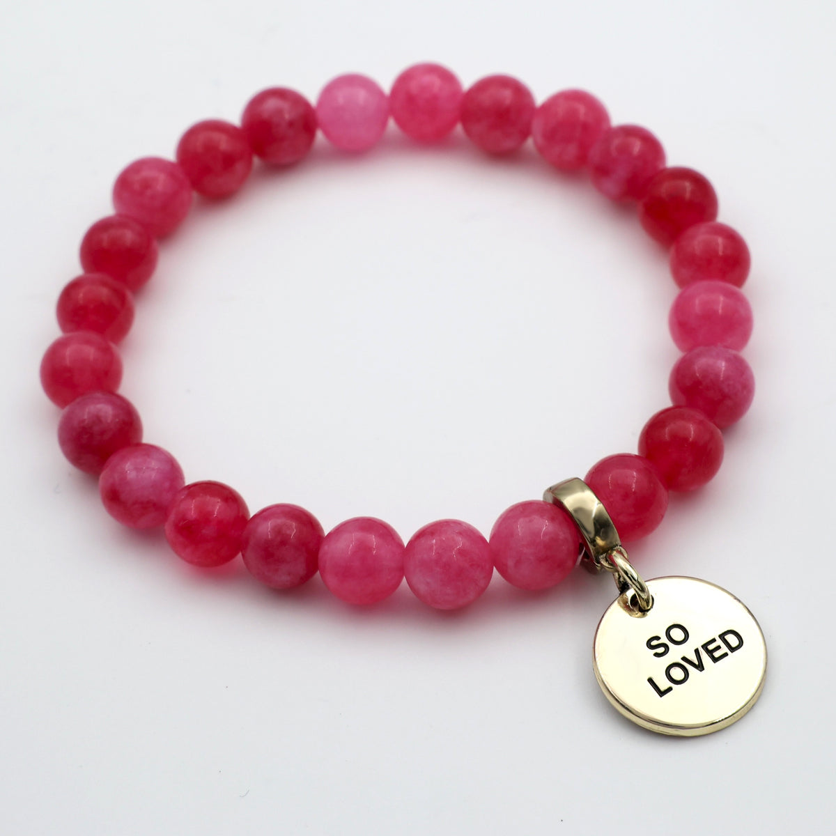 Stone Bracelet - Raspberry Agate 8mm Beads - With Gold Charms