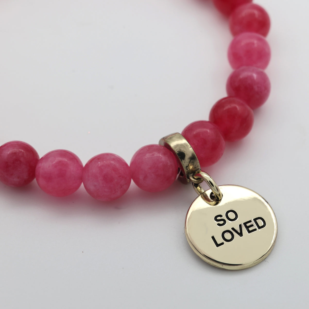 Stone Bracelet - Raspberry Agate 8mm Beads - With Gold Charms