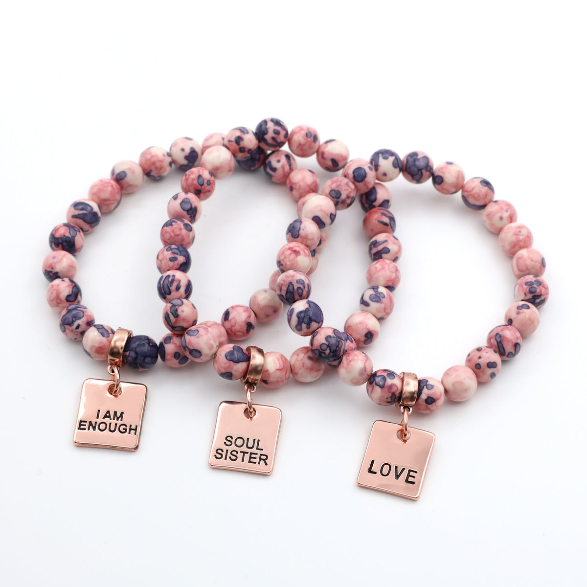 Stone Bracelet - Raspberry & Navy Patch Agate Stone 8mm Beads - with Rose Gold Word Charms