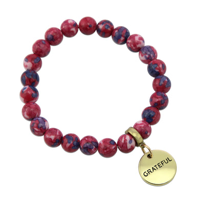 Stone Bracelet - RUBY & INDIGO Patch Agate 8mm Beads - with Vintage Gold Word Charm