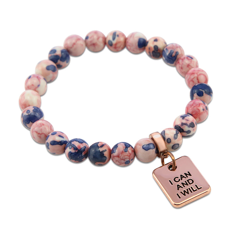 Stone Bracelet - Raspberry & Navy Patch Agate Stone 8mm Beads - with Rose Gold Word Charms