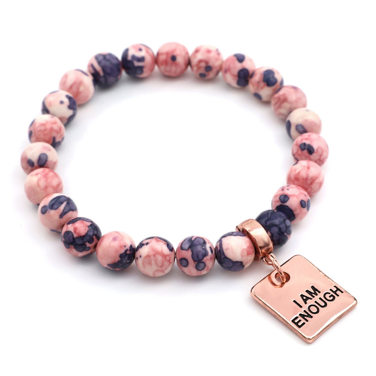 Stone Bracelet - Raspberry & Navy Patch Agate Stone 8mm Beads - with Rose Gold Word Charms