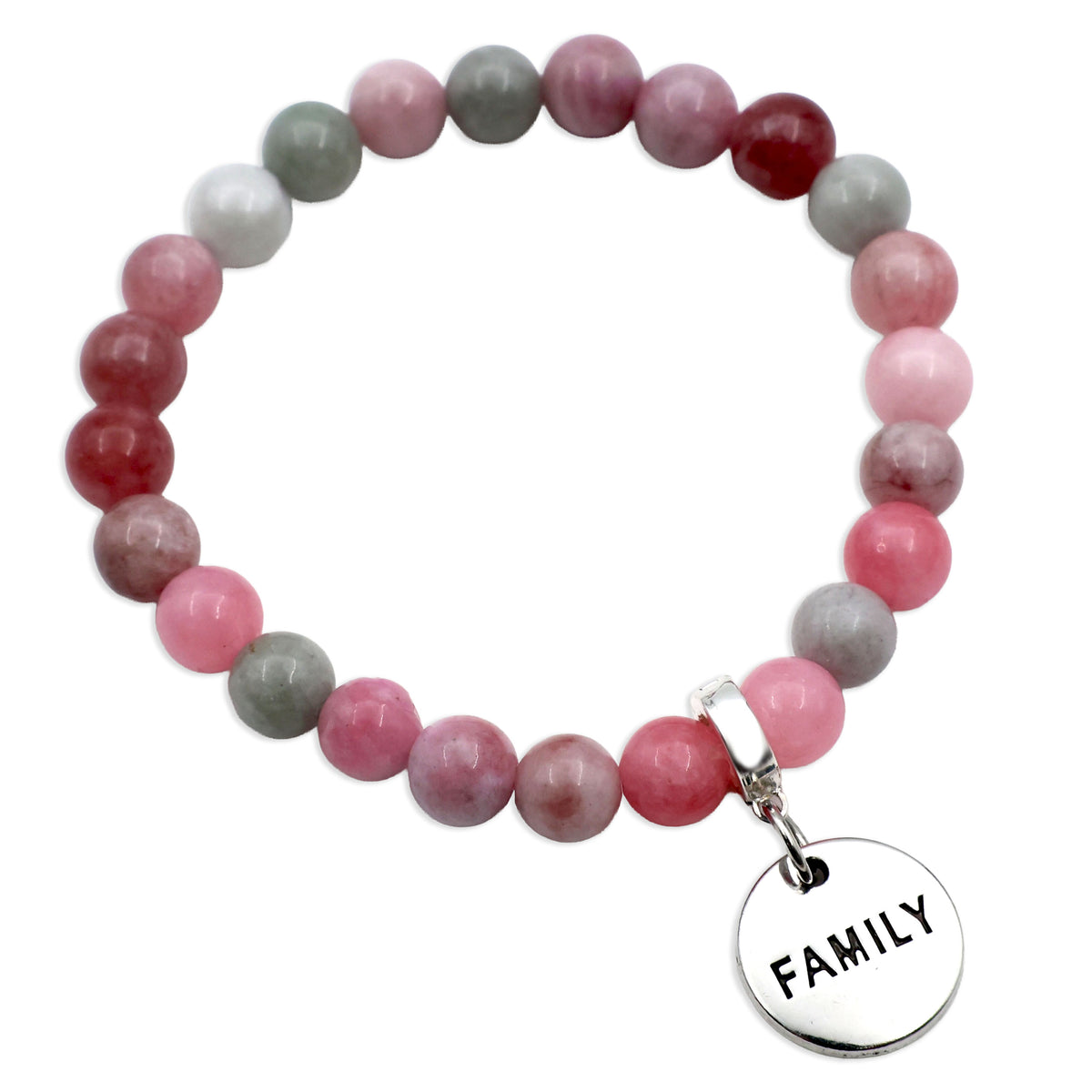 Bracelet with pink and gray beads and a 'FAMILY' charm on a white background