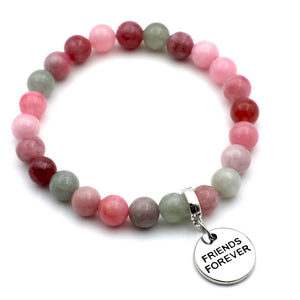 Beaded bracelet with 'Friends Forever' charm on a white background