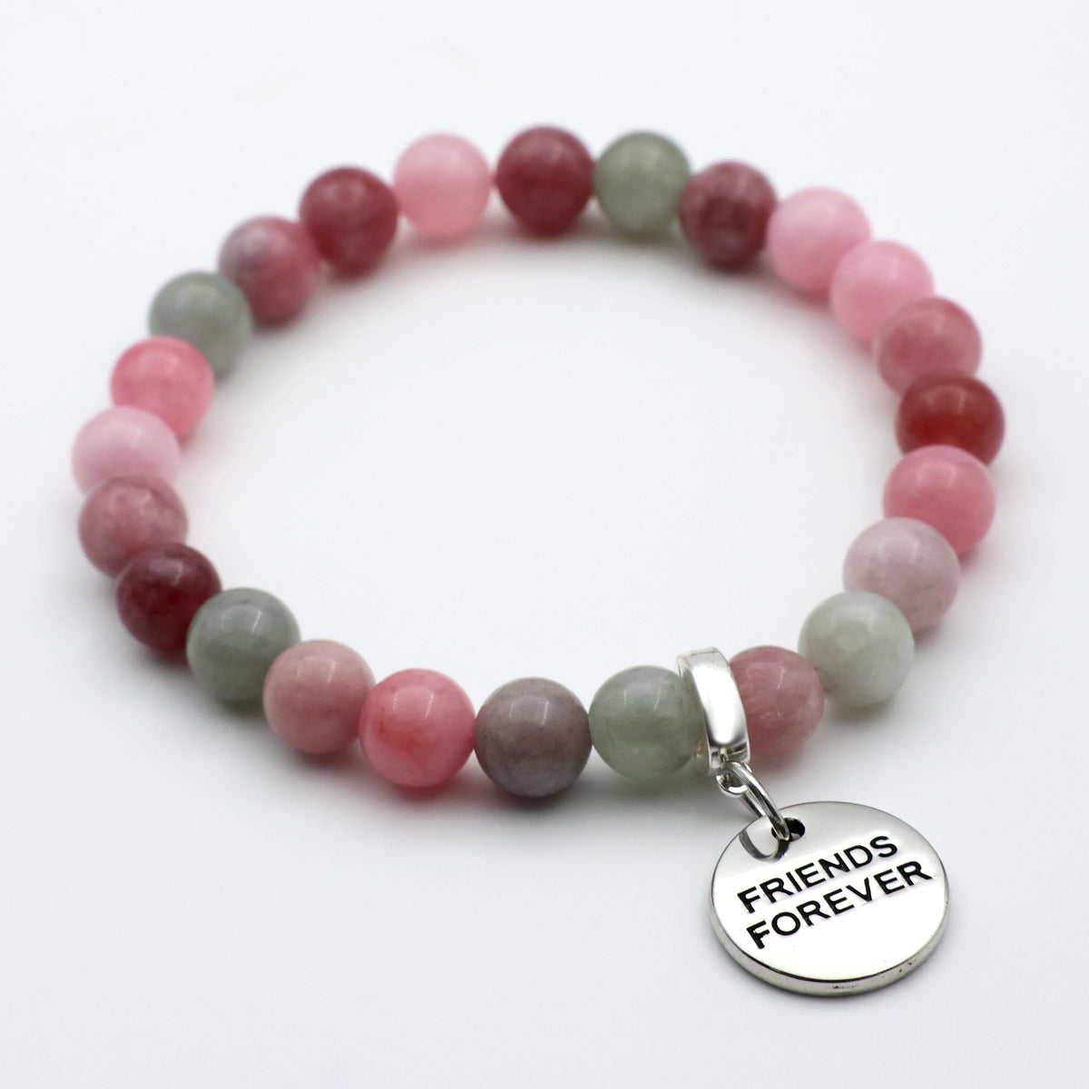 Multicolored beaded bracelet with a 'Friends Forever' charm on a white background