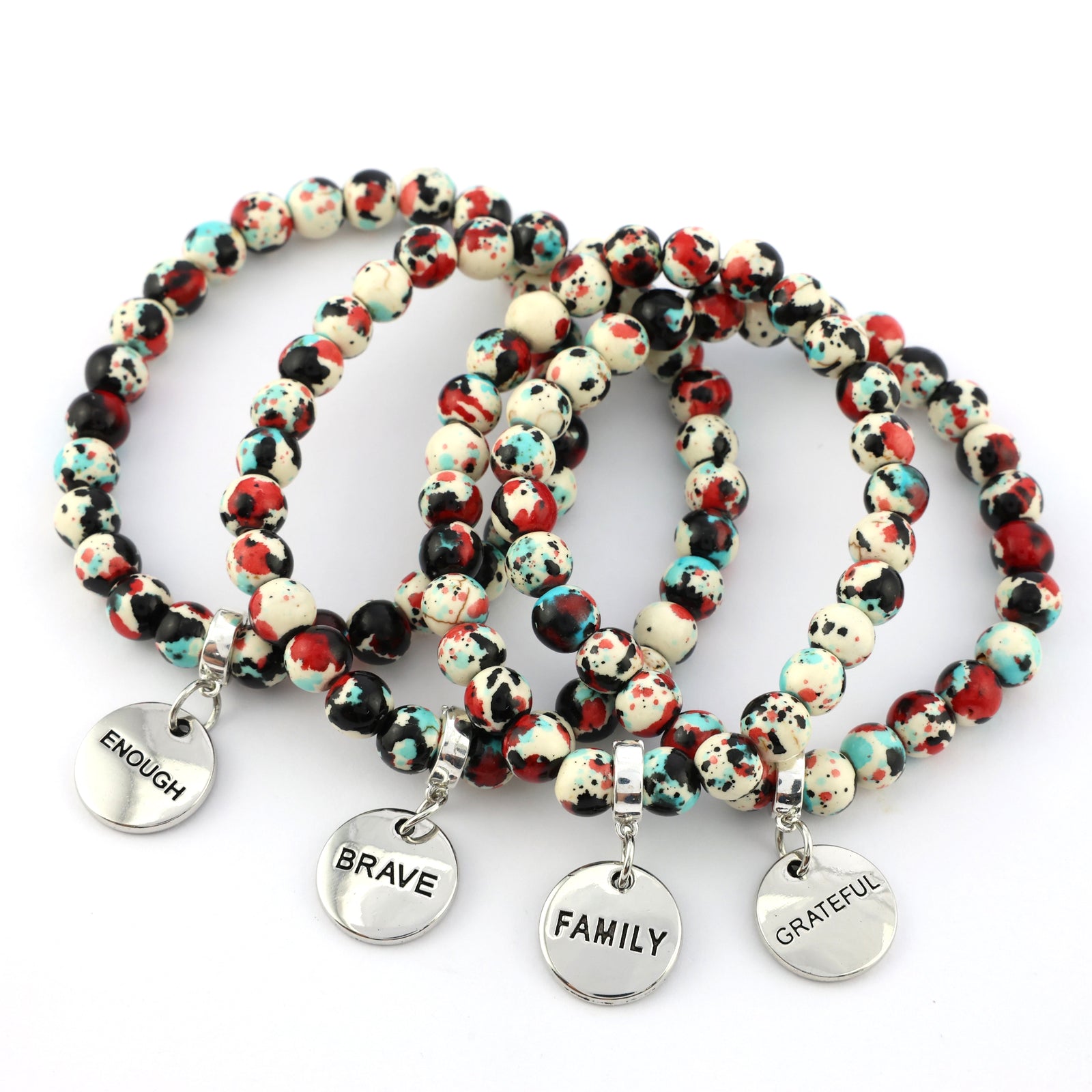 Stone Bracelet - Rebel Splash Speckled Howlite 8mm Beads - With Silver Word charm