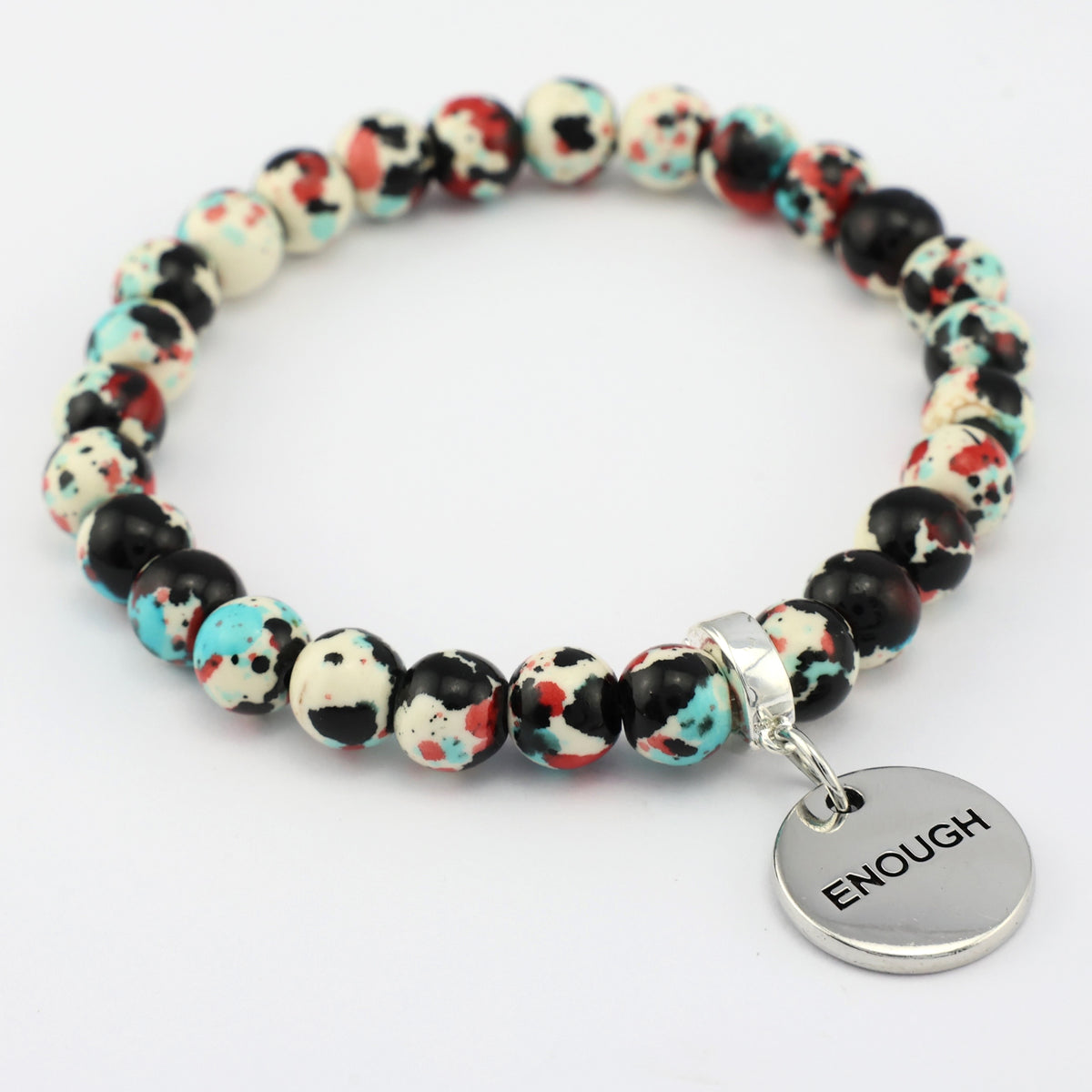 Stone Bracelet - Rebel Splash Speckled Howlite 8mm Beads - With Silver Word charm