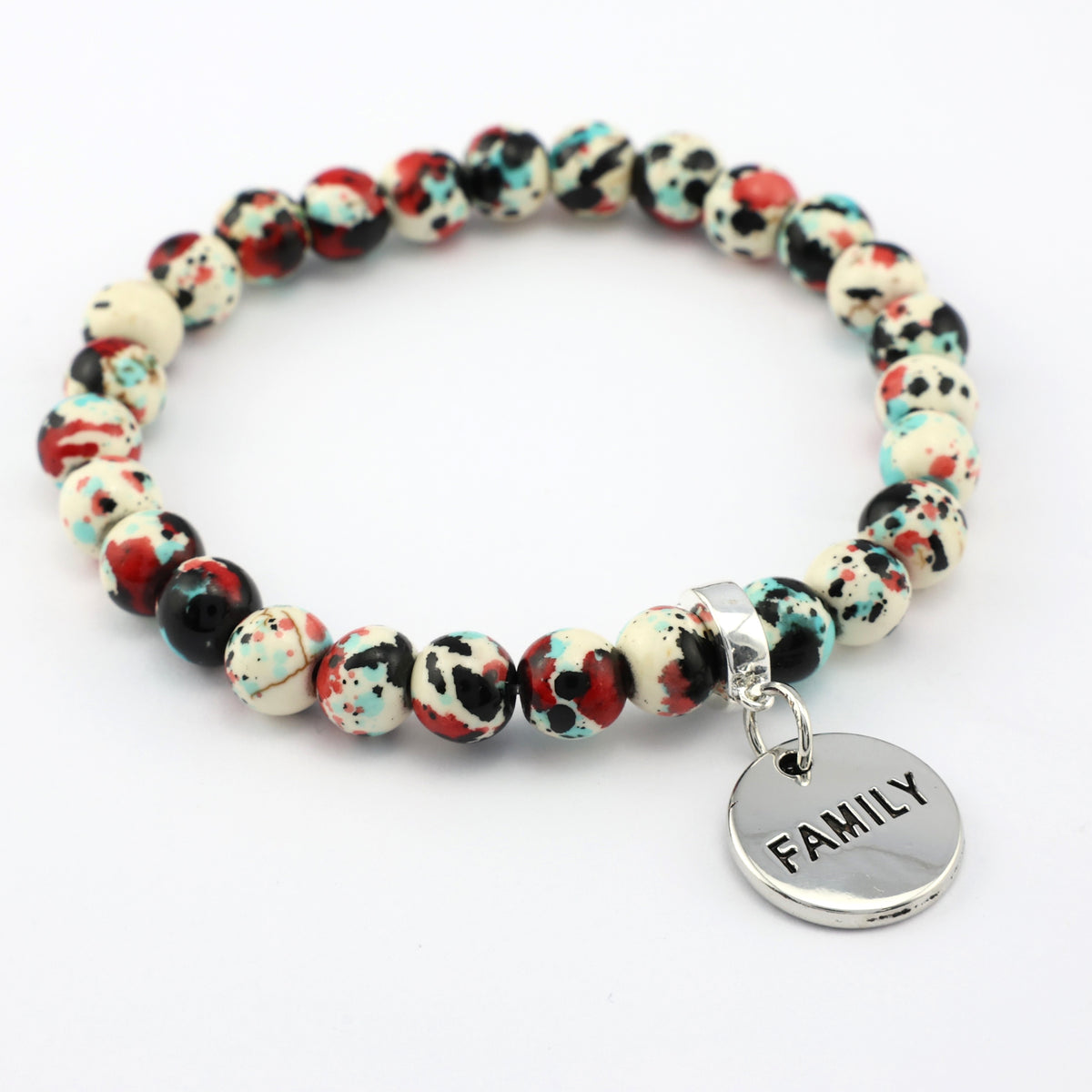 Stone Bracelet - Rebel Splash Speckled Howlite 8mm Beads - With Silver Word charm