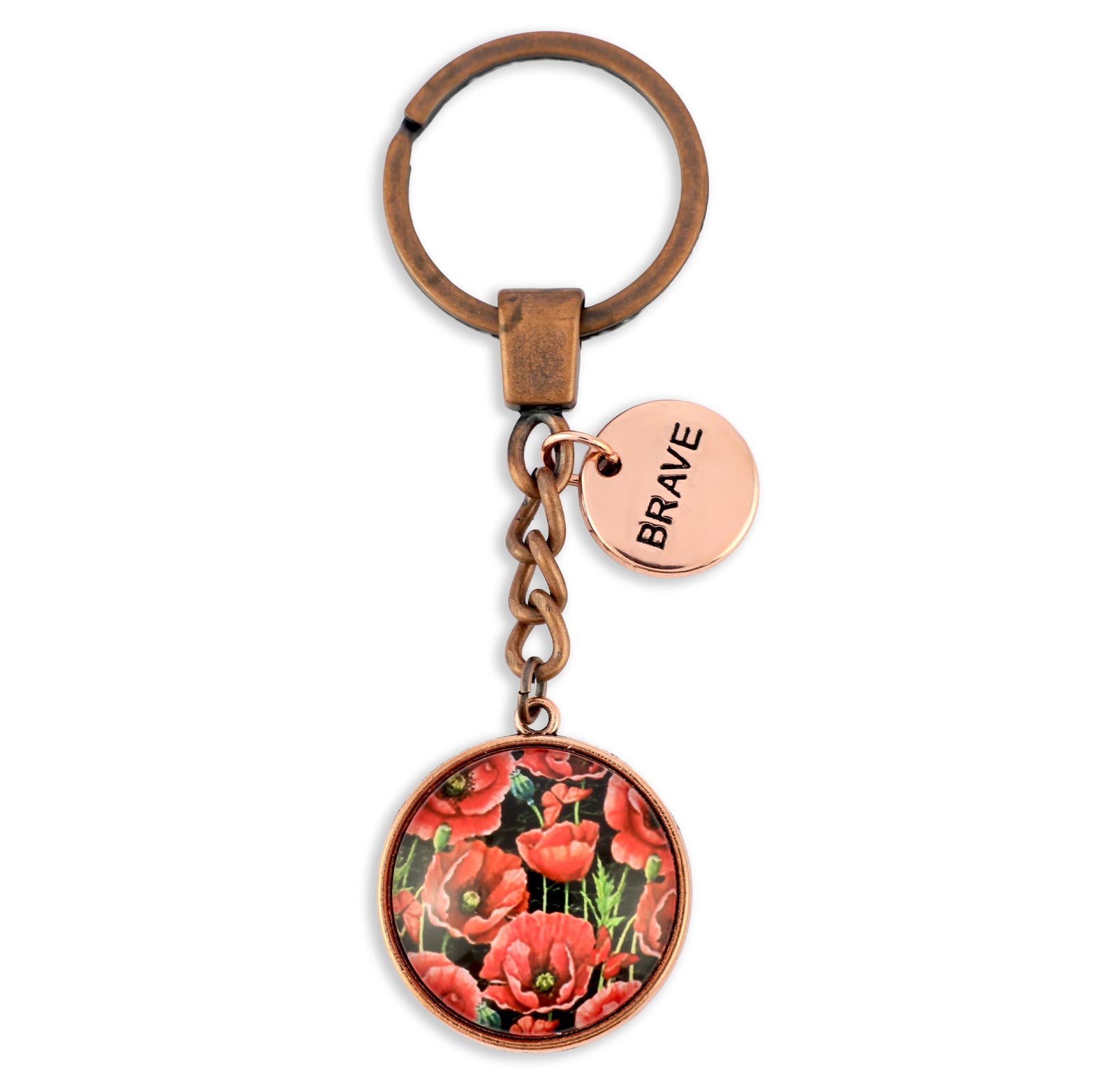 Keychain with floral design and 'BRAVE' tag on a white background