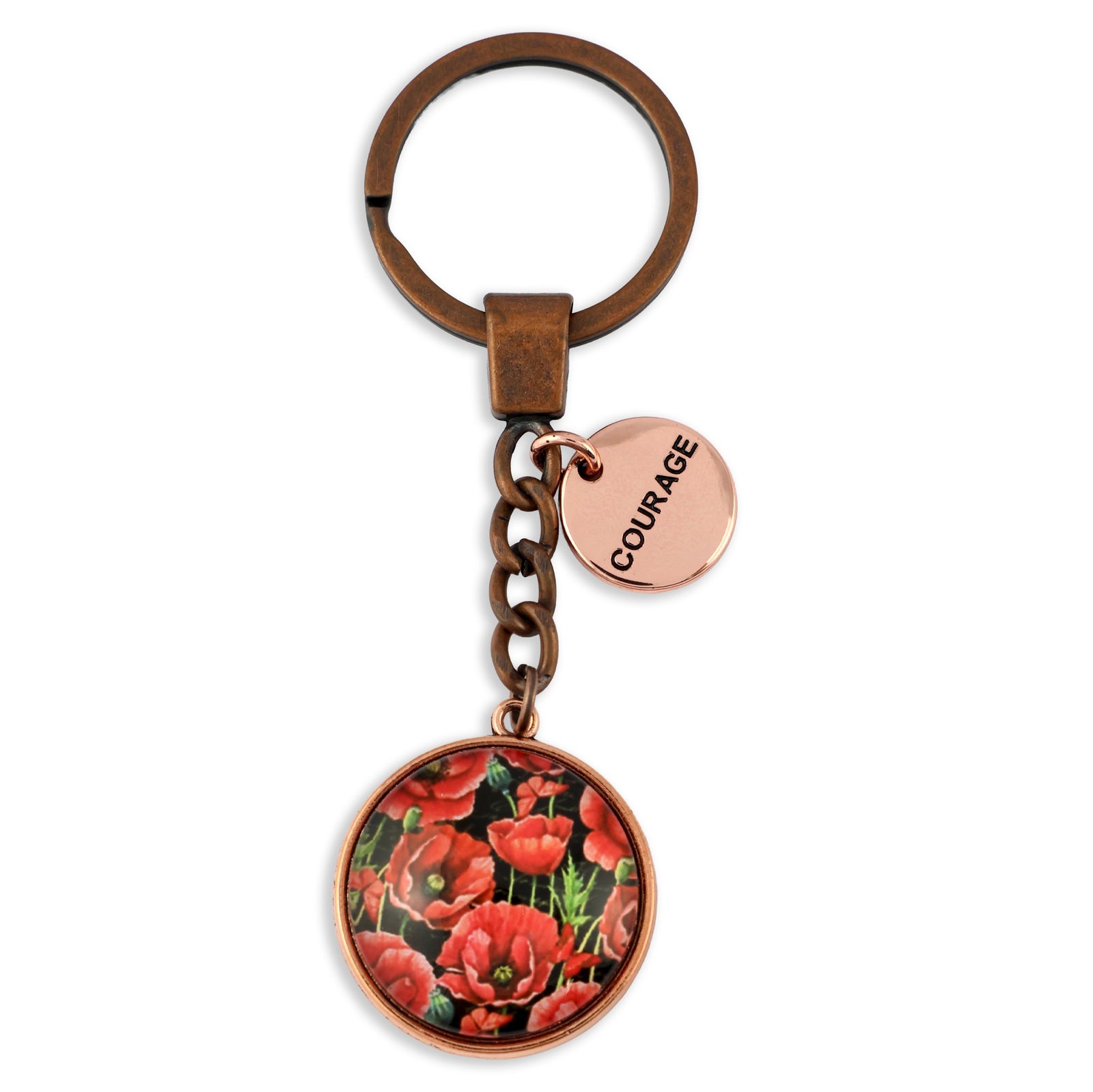Keychain with floral design and 'COURAGE' charm on a white background
