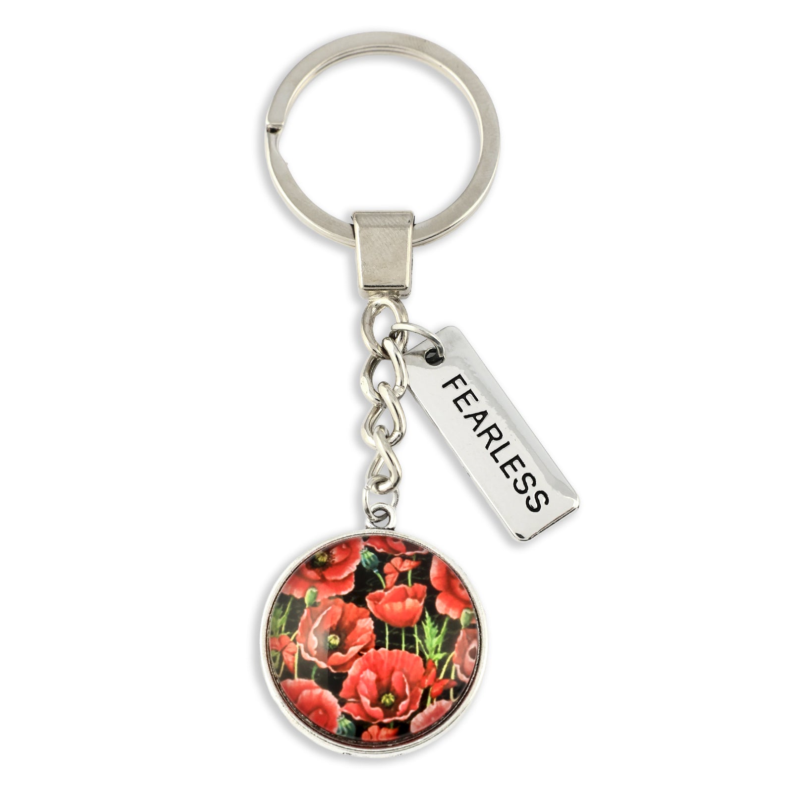 Keychain with floral design and 'FEARLESS' tag on a white background