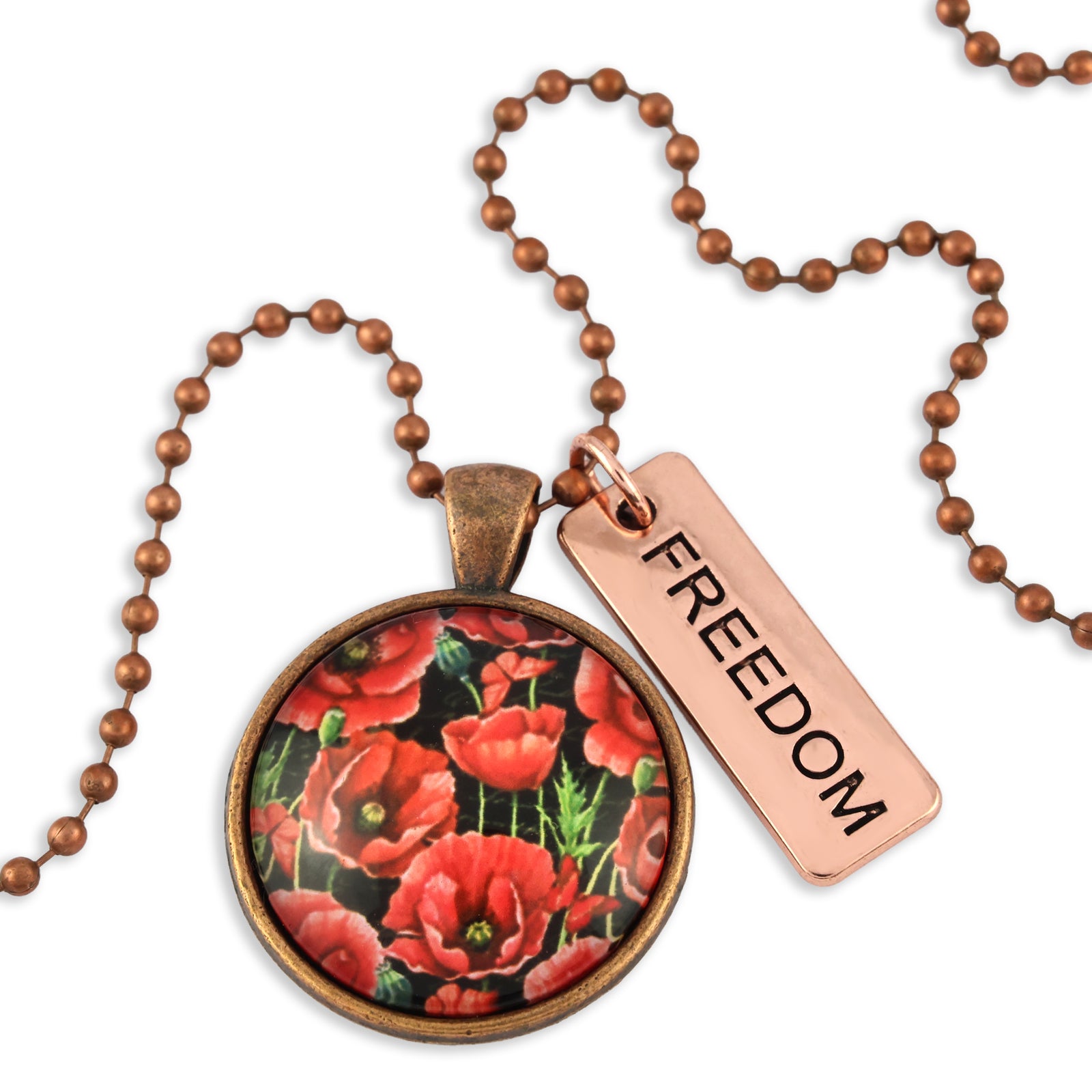 Necklace with red floral pendant and 'FREEDOM' tag on a white background