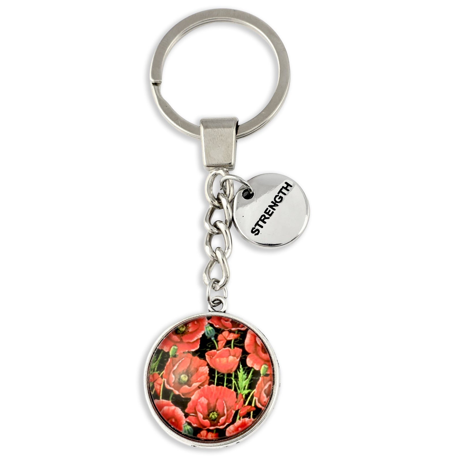 Keychain with floral design and 'Strength' tag on a white background