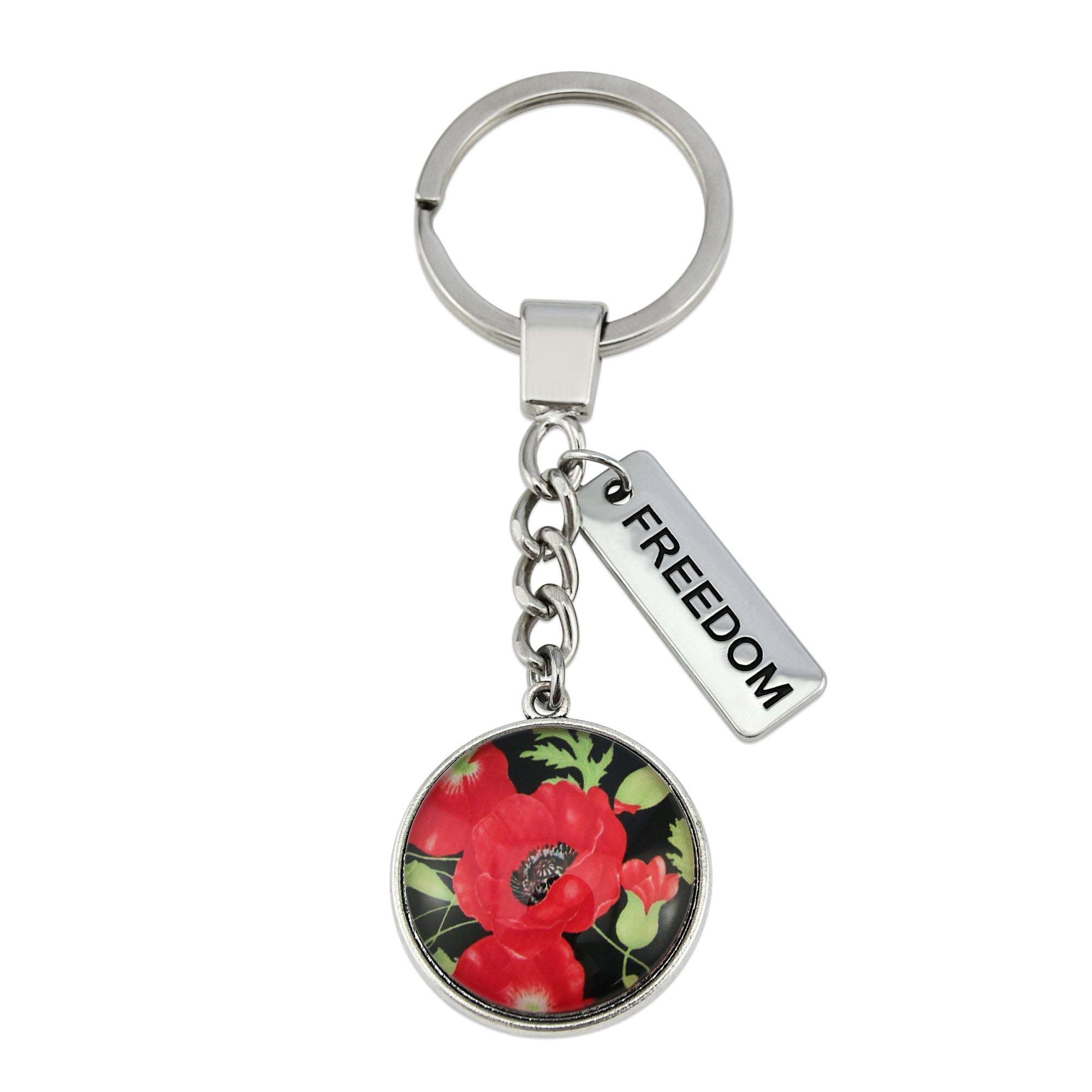 POPPIES Collection - Vintage Silver 'FREEDOM' Keyring - Red Petals (10621)