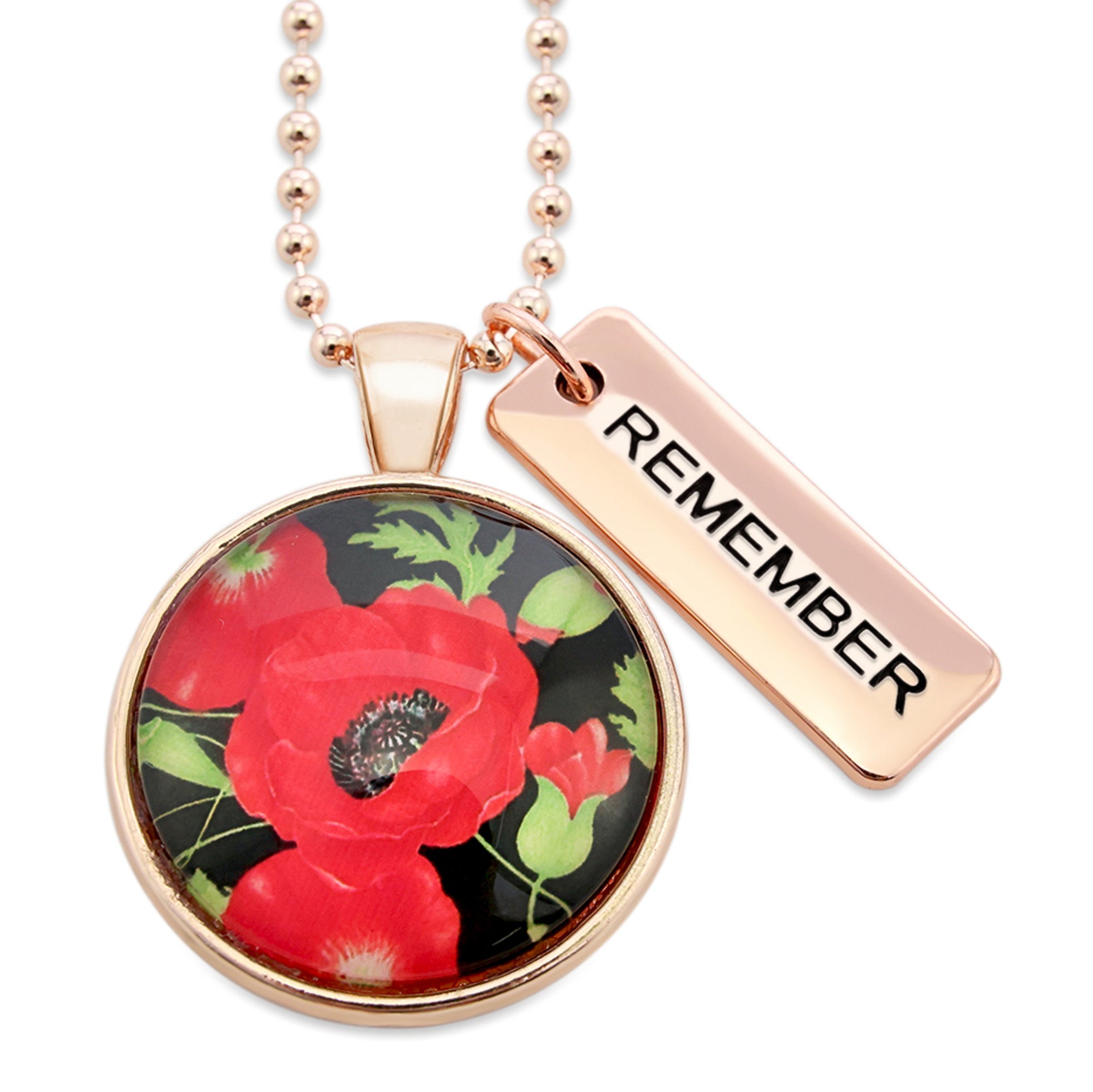 POPPIES Collection - Rose Gold 'REMEMBER' Necklace - Red Petals (10222)