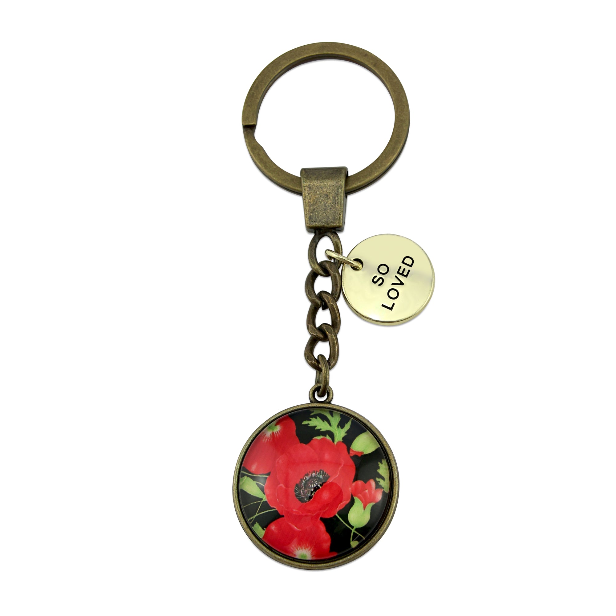 POPPIES Collection - Vintage Gold 'SO LOVED' Keyring - Red Petals (10334)