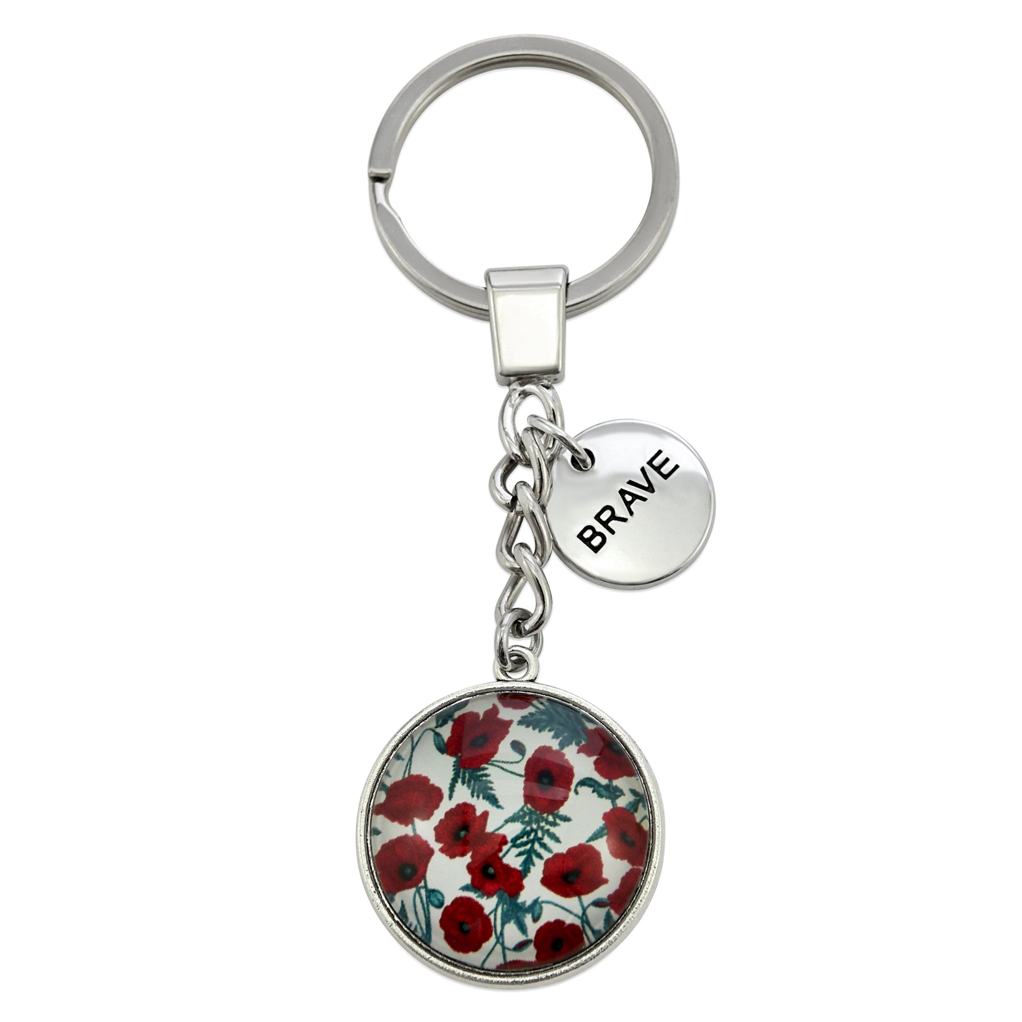 POPPIES Collection - Vintage Silver 'BRAVE' Keyring - Red Poppies (10523)