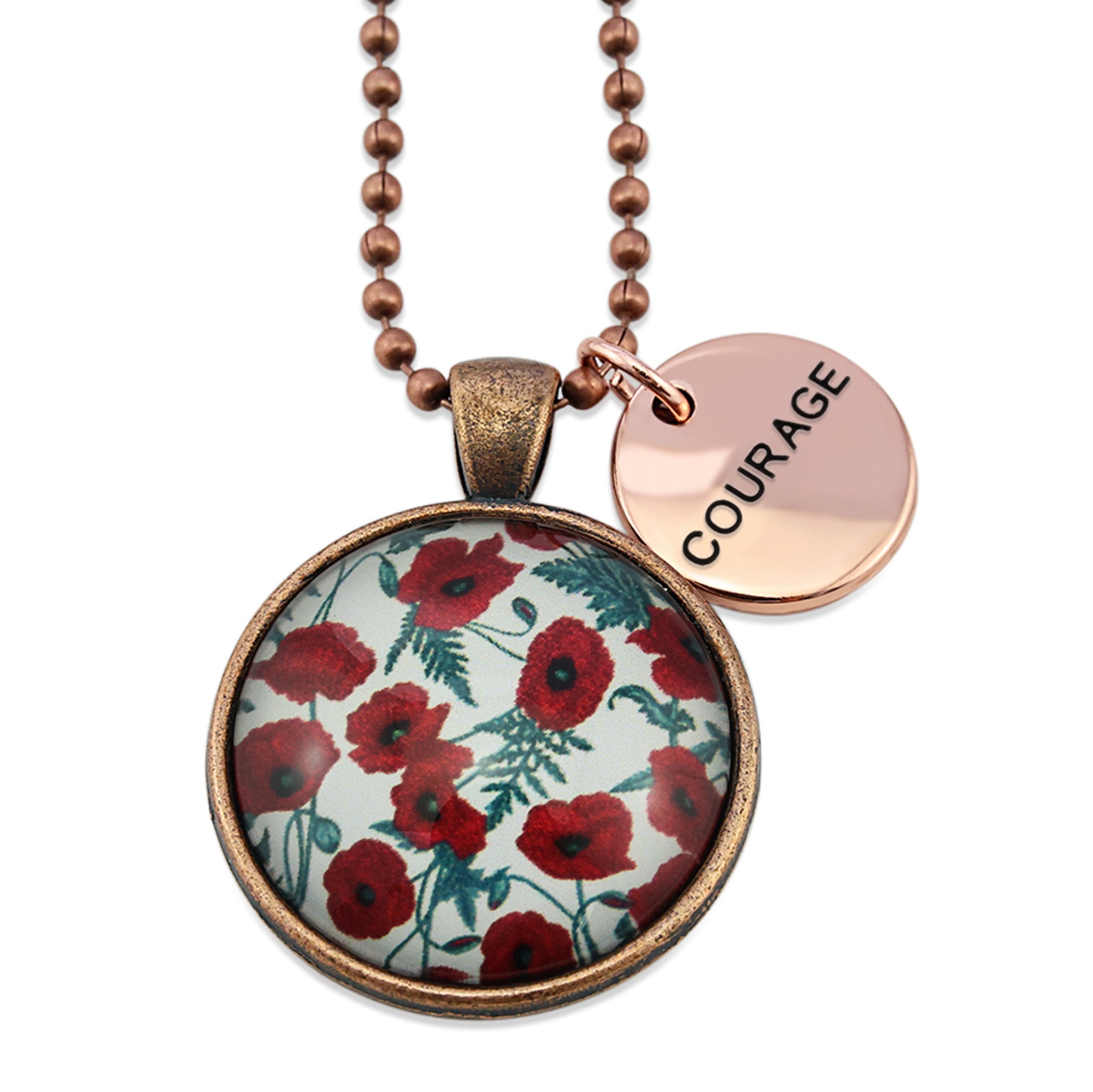 POPPIES Collection - Vintage Copper 'COURAGE' Necklace - Red Poppies (10521)