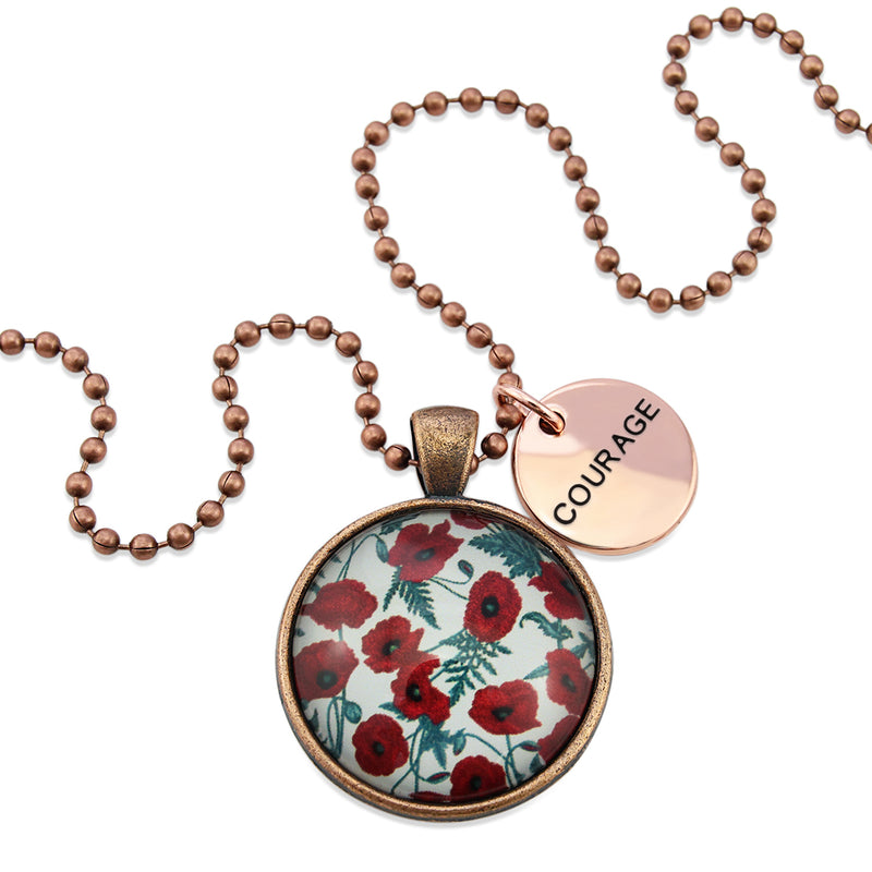 POPPIES Collection - Vintage Copper 'COURAGE' Necklace - Red Poppies (10521)