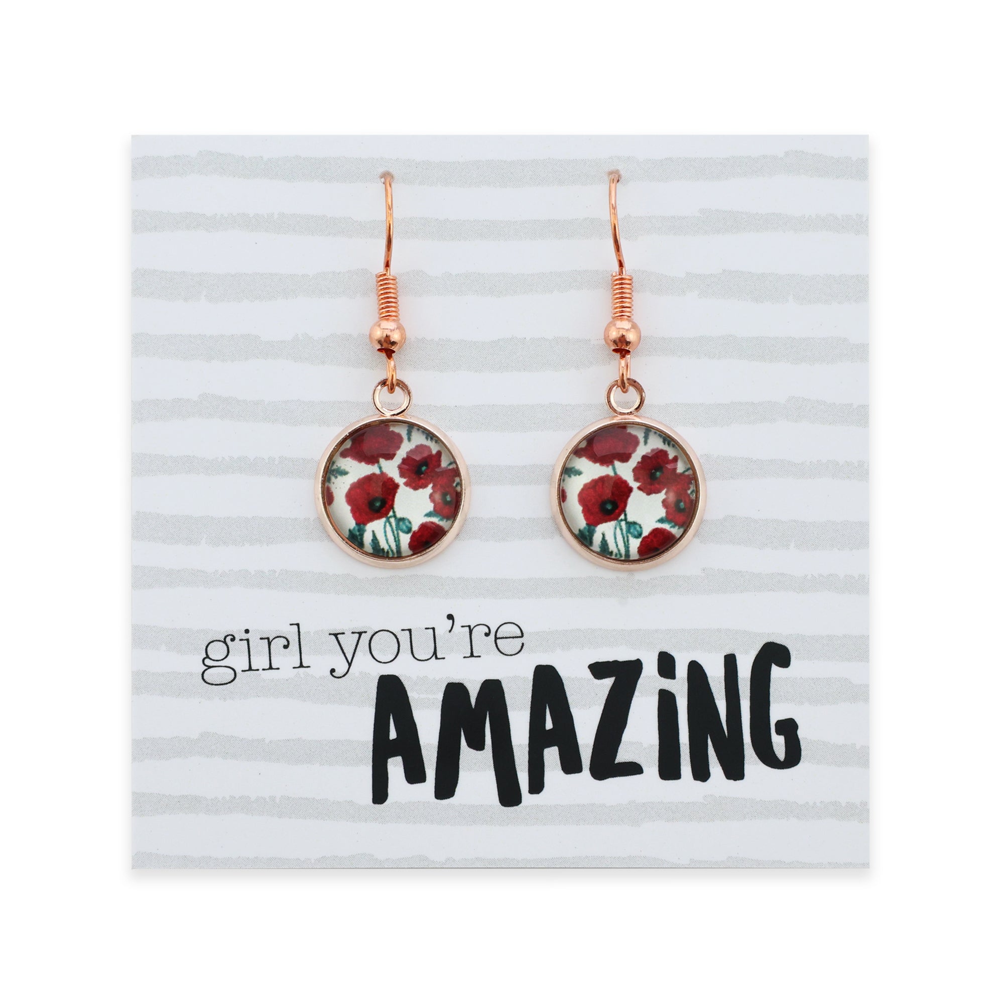 POPPIES Collection - Girl You're Amazing - Rose Gold Dangle Earrings - Red Poppies (12633)