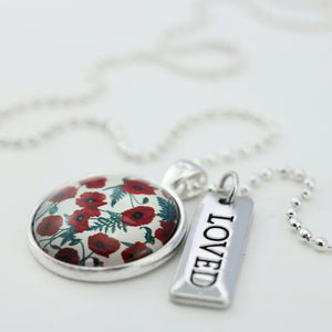 POPPIES Collection - Bright Silver 'LOVED' Necklace - Red Poppies (10653)