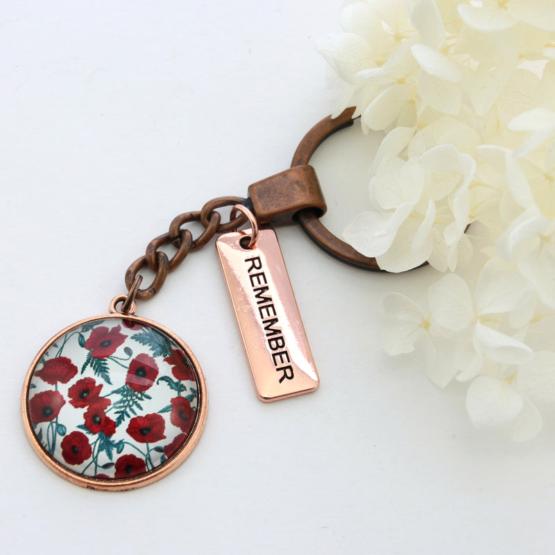 POPPIES Collection - Vintage Rose Gold 'REMEMBER' Keyring - Red Poppies (10211)
