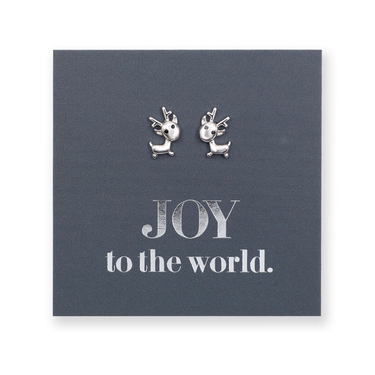 Silver reindeer earrings on a card with 'JOY to the world.' text