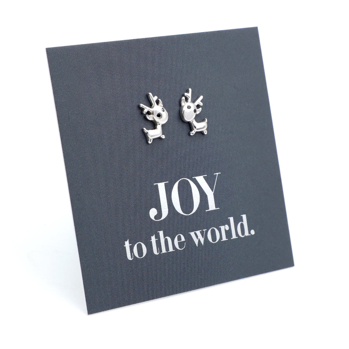 Silver reindeer earrings on a card with 'JOY to the world.' text