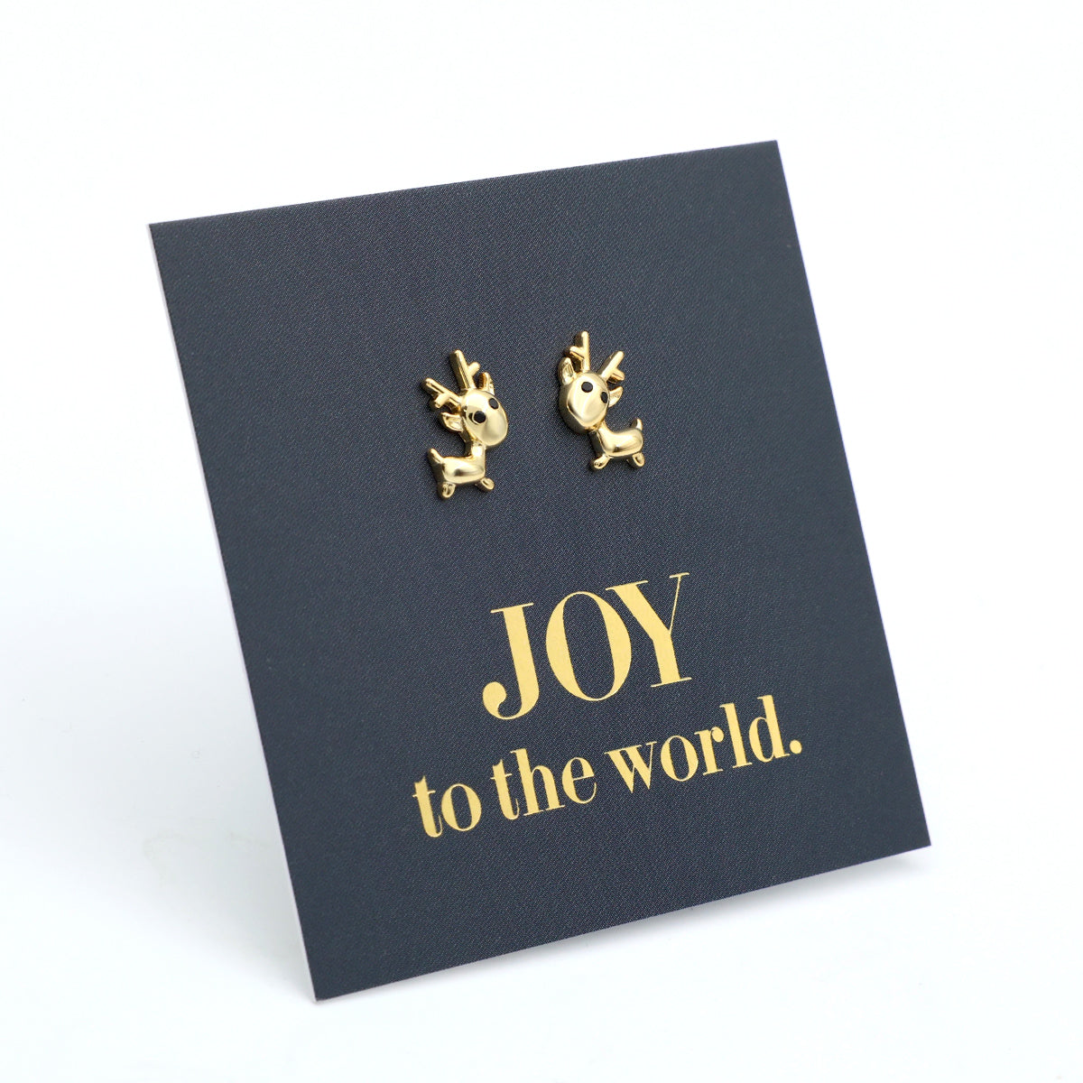 Gold reindeer earrings on a blue card with 'JOY to the world.' text