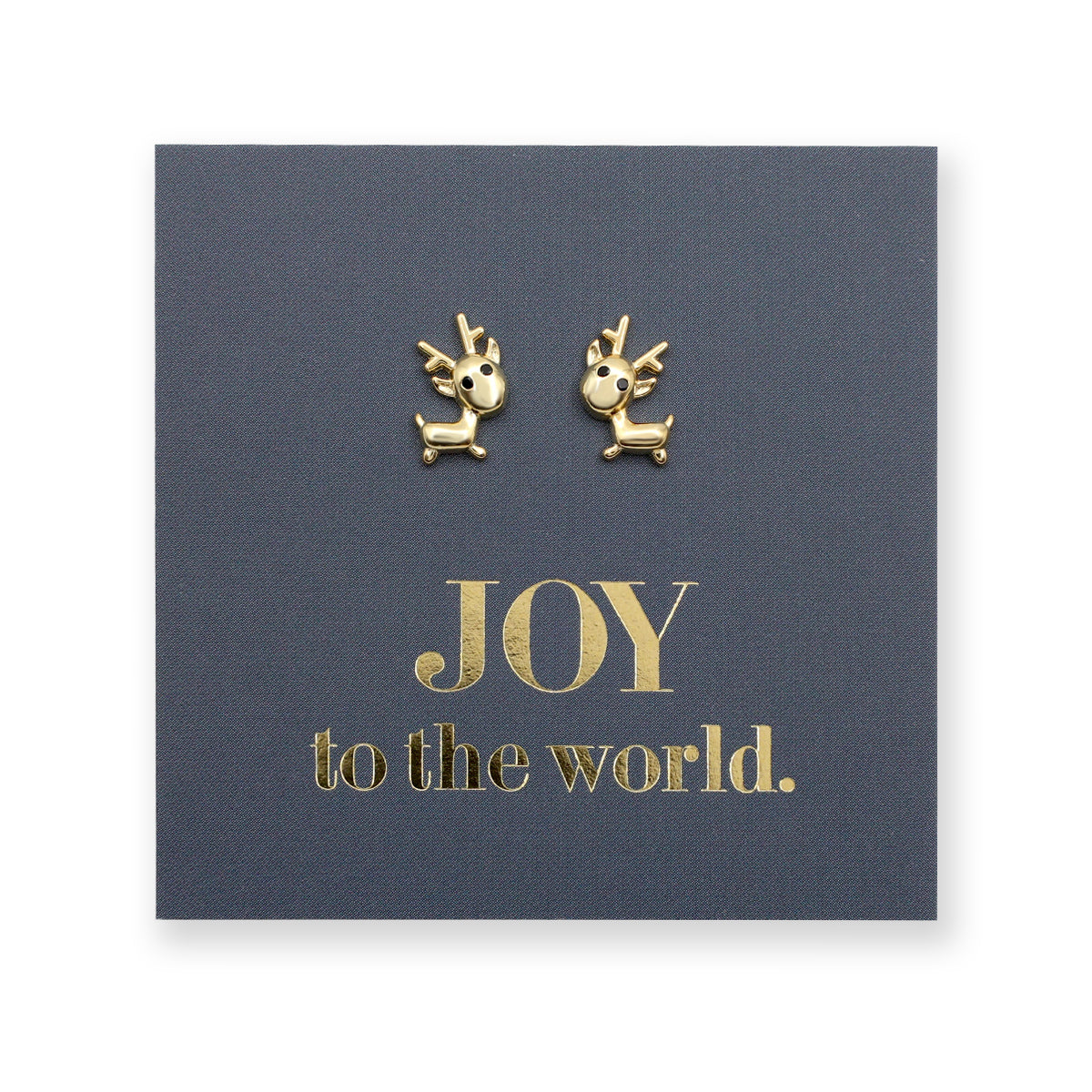 Gold reindeer earrings on a blue card with 'JOY to the world.' text