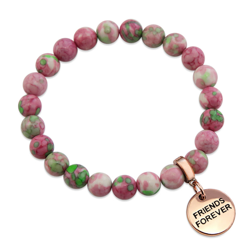 Stone Bracelet - Rose & Lime Patch Agate Stone 8mm Beads - with Rose Gold Word Charms