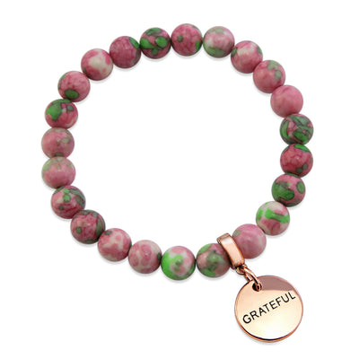 Stone Bracelet - Rose & Lime Patch Agate Stone 8mm Beads - with Rose Gold Word Charms
