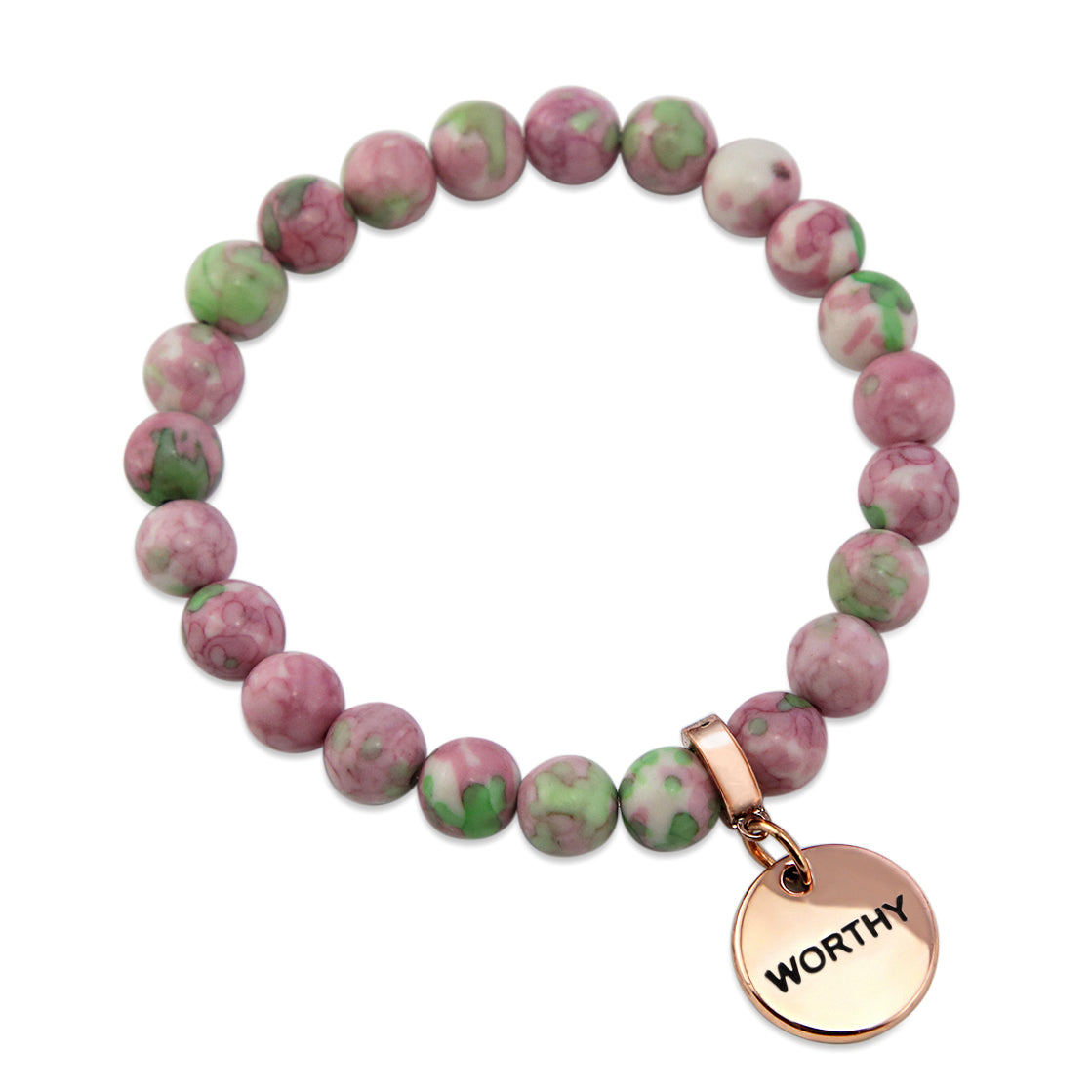 Stone Bracelet - Rose & Lime Patch Agate Stone 8mm Beads - with Rose Gold Word Charms