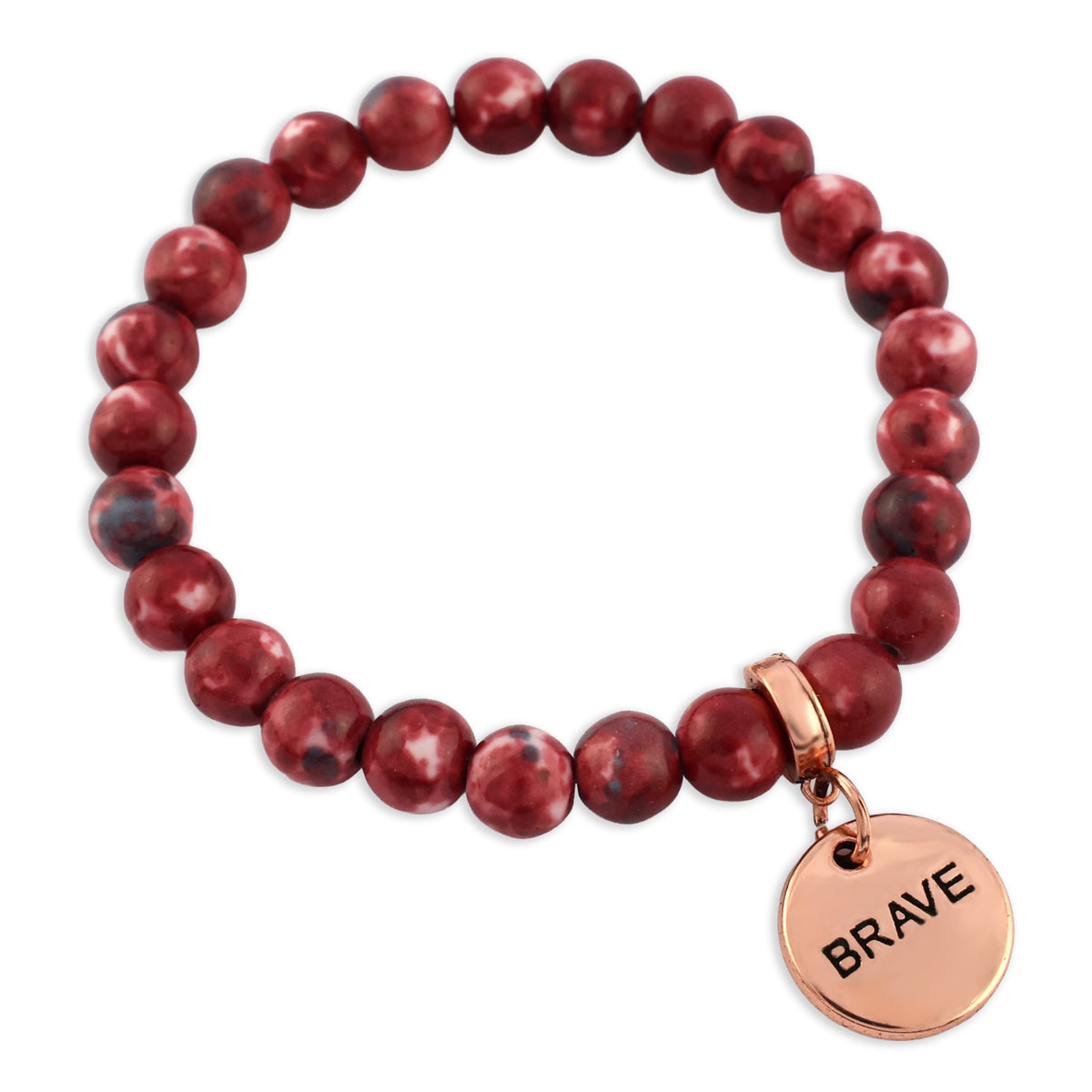 Red beaded bracelet with a 'BRAVE' charm on a white background