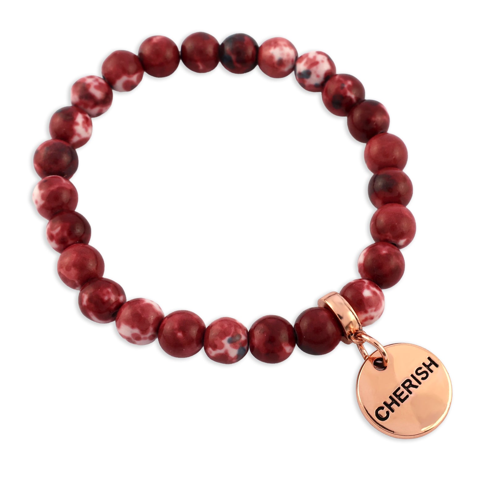 Red beaded bracelets with rose gold charms on a white background