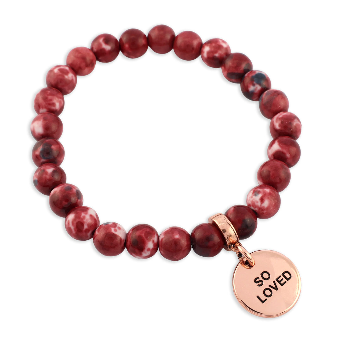 Red beaded bracelet with a rose gold 'So Loved' charm on a white background