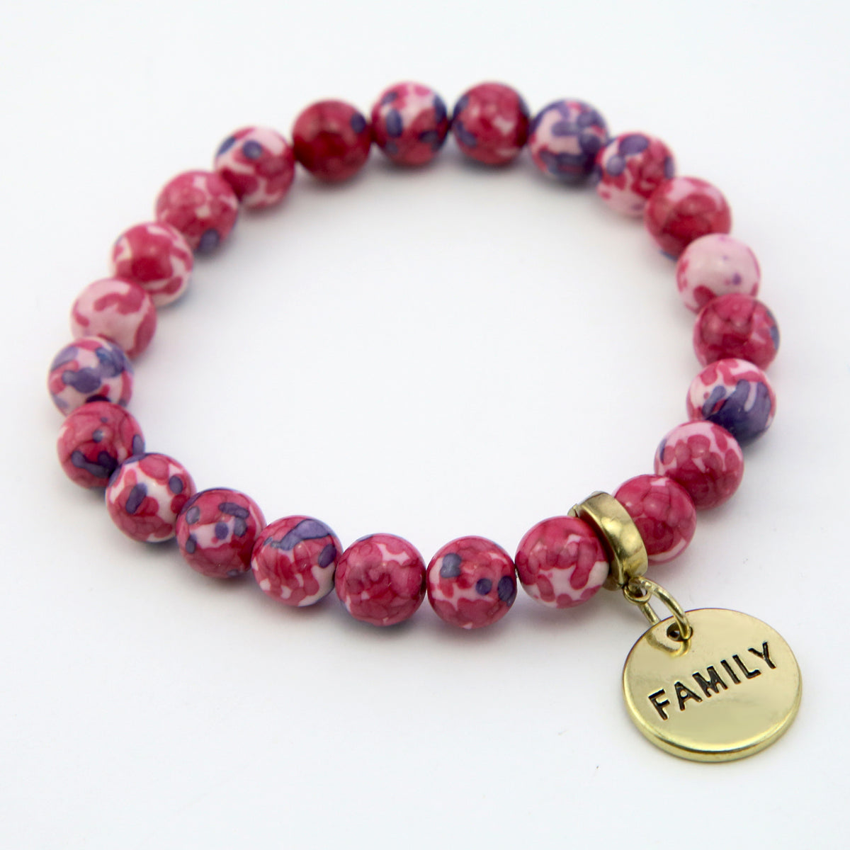 Stone Bracelet - RUBY & INDIGO Patch Agate 8mm Beads - with Vintage Gold Word Charm