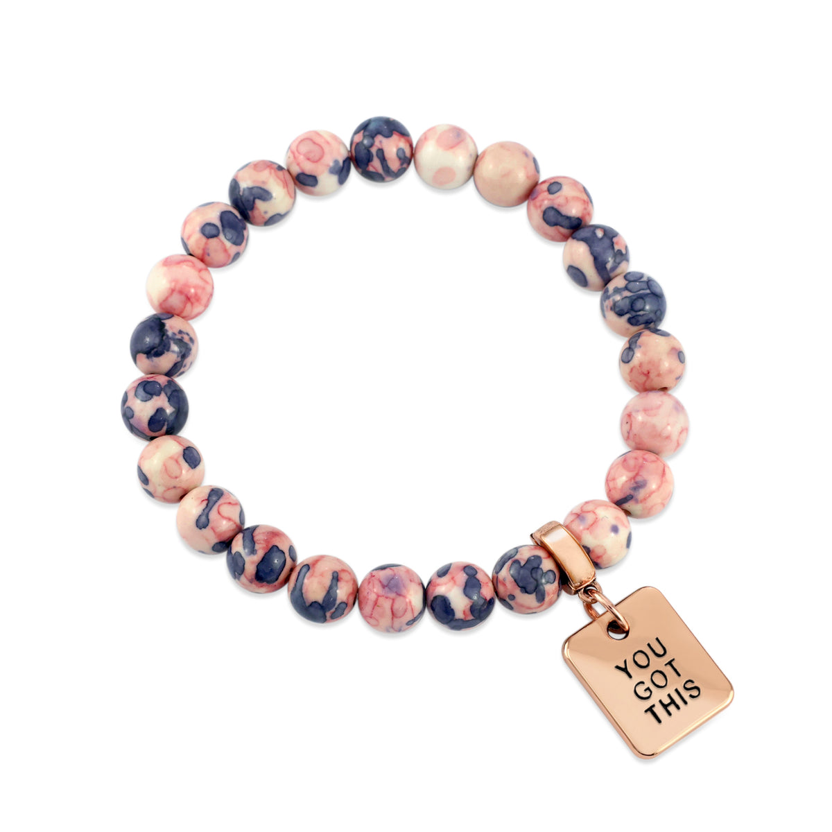 Stone Bracelet - Raspberry & Navy Patch Agate Stone 8mm Beads - with Rose Gold Word Charms