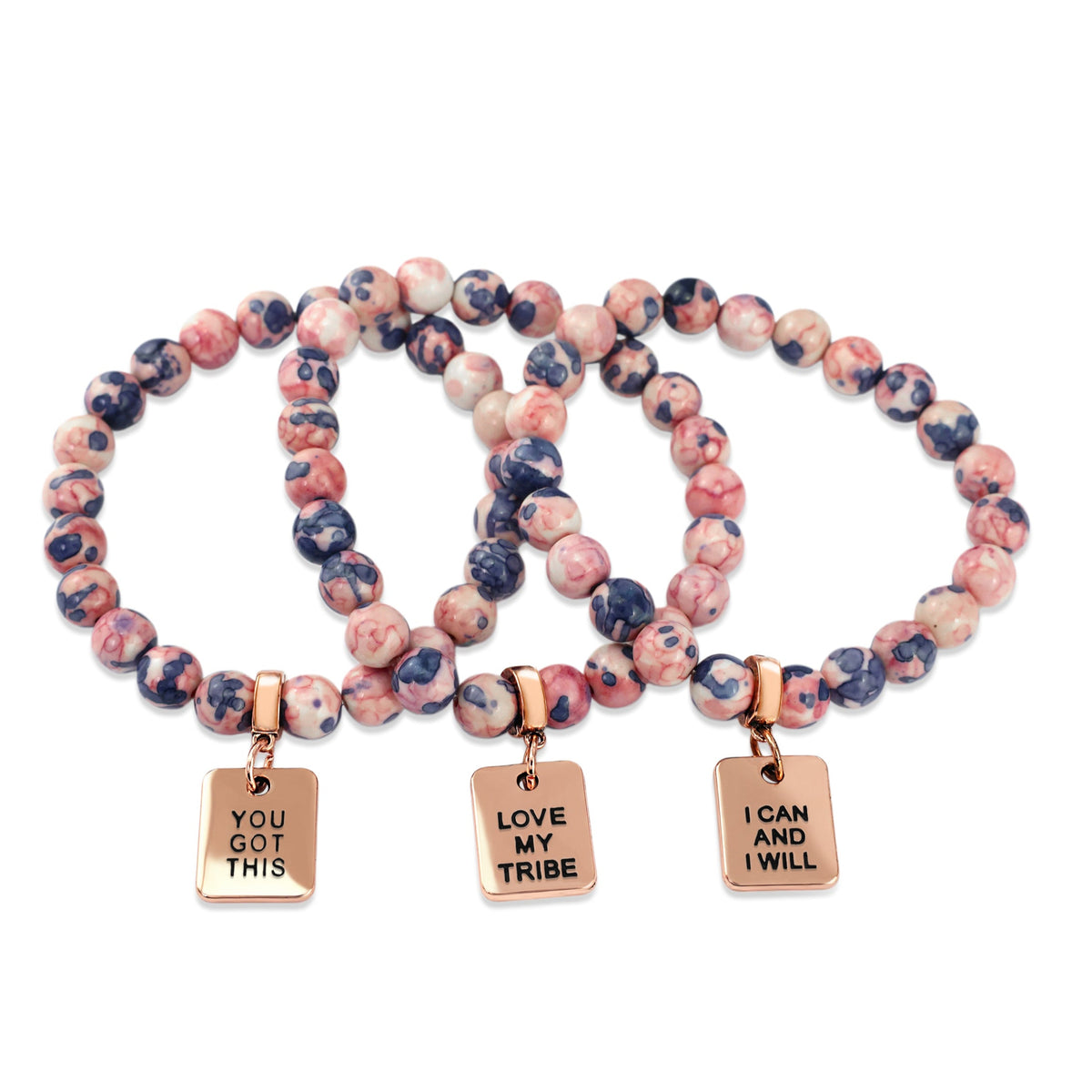 Stone Bracelet - Raspberry & Navy Patch Agate Stone 8mm Beads - with Rose Gold Word Charms