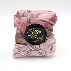 Pink scrunchie set with 'Sister & Soul' label on a white background
